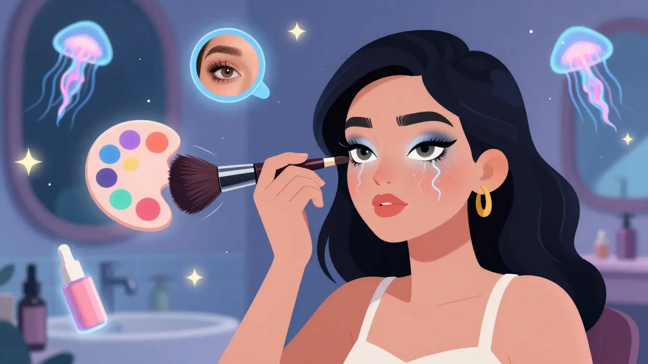 Женщина наносит макияж гигантской резиновой кистью, вокруг неё летают AR-палитры и плавающие тени.