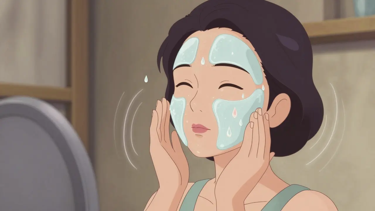 Женщина в 50 лет очищает лицо маслом и гелем, вокруг неё — защитные церамиды и капли гиалуроновой кислоты, мягкий свет подчёркивает уход.