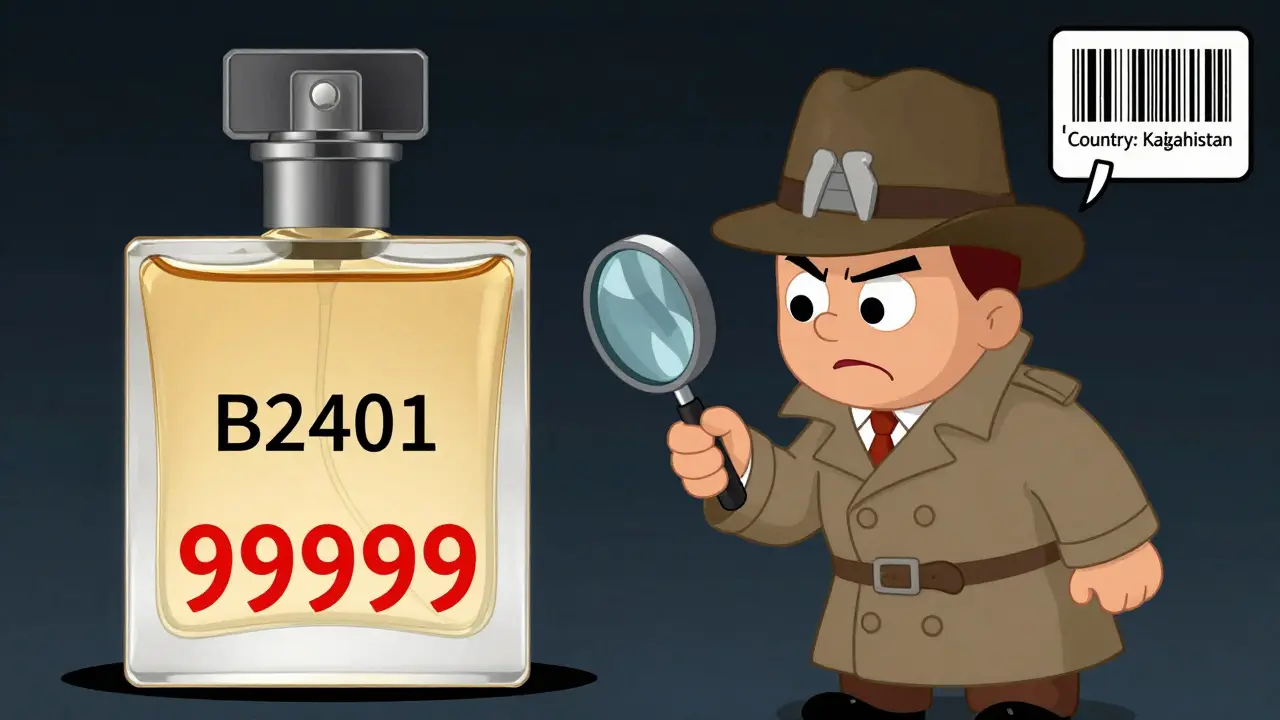 Батч-код '99999' на флаконе подделки рядом с правильным кодом, с детективом и сканером.