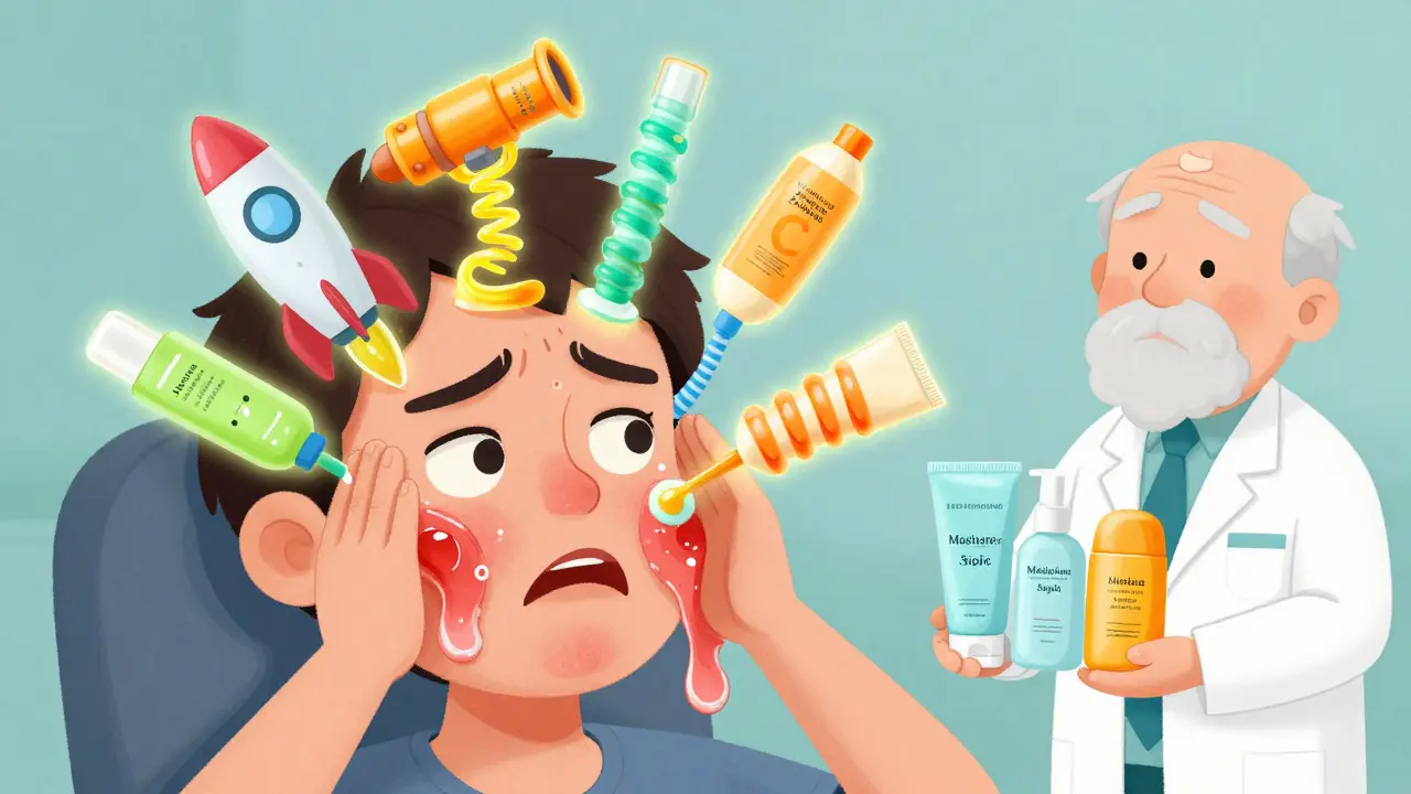 Человек наносит слишком много средств на лицо, кожа краснеет и отшелушивается, как в мультике.