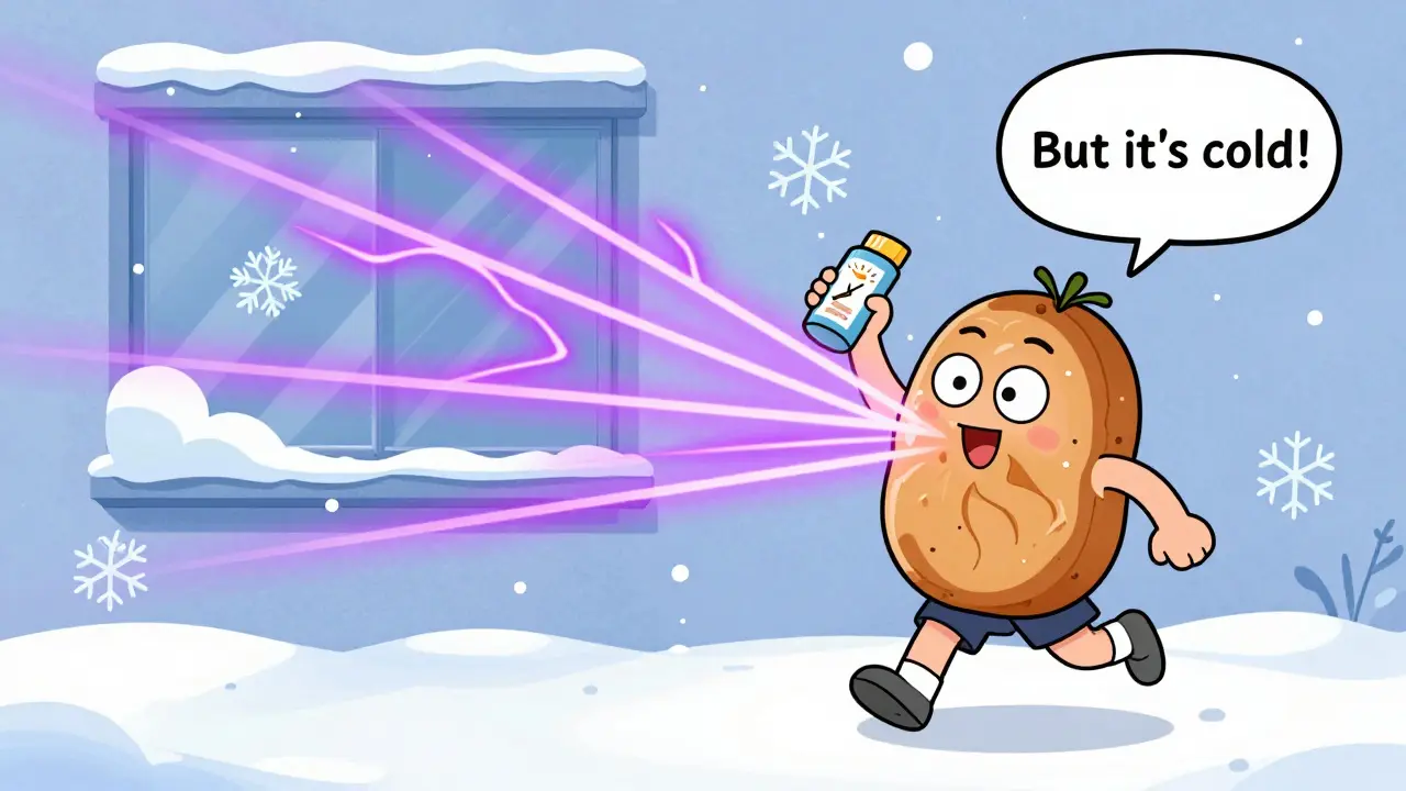 Человек не использует SPF зимой, невидимые УФ-лучи превращают его кожу в сморщенную изюминку.