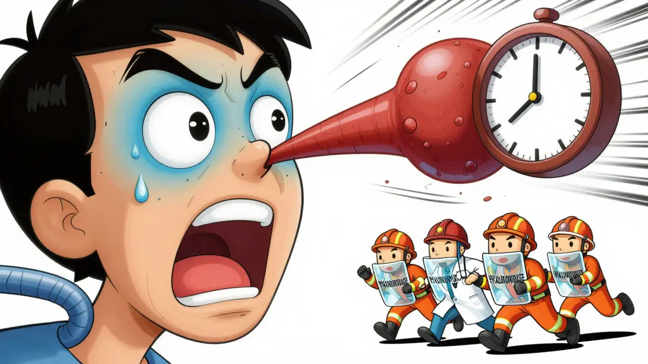 Человек с побледневшей кожей вокруг глаз, артерия заблокирована наполнителем, спасатели с гиалуронидазой спешат на помощь.