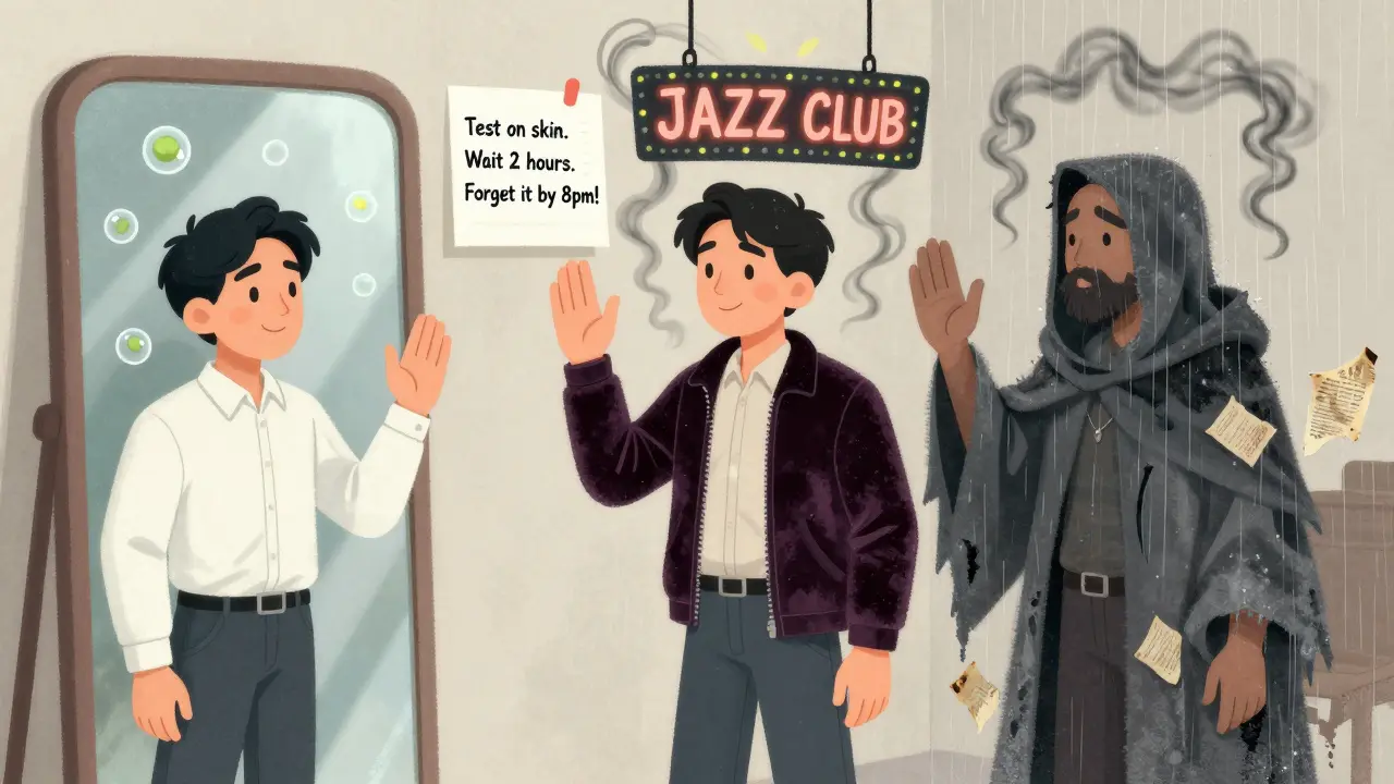 Человек смотрит в зеркало — его отражения показывают три версии себя с разными ароматами.