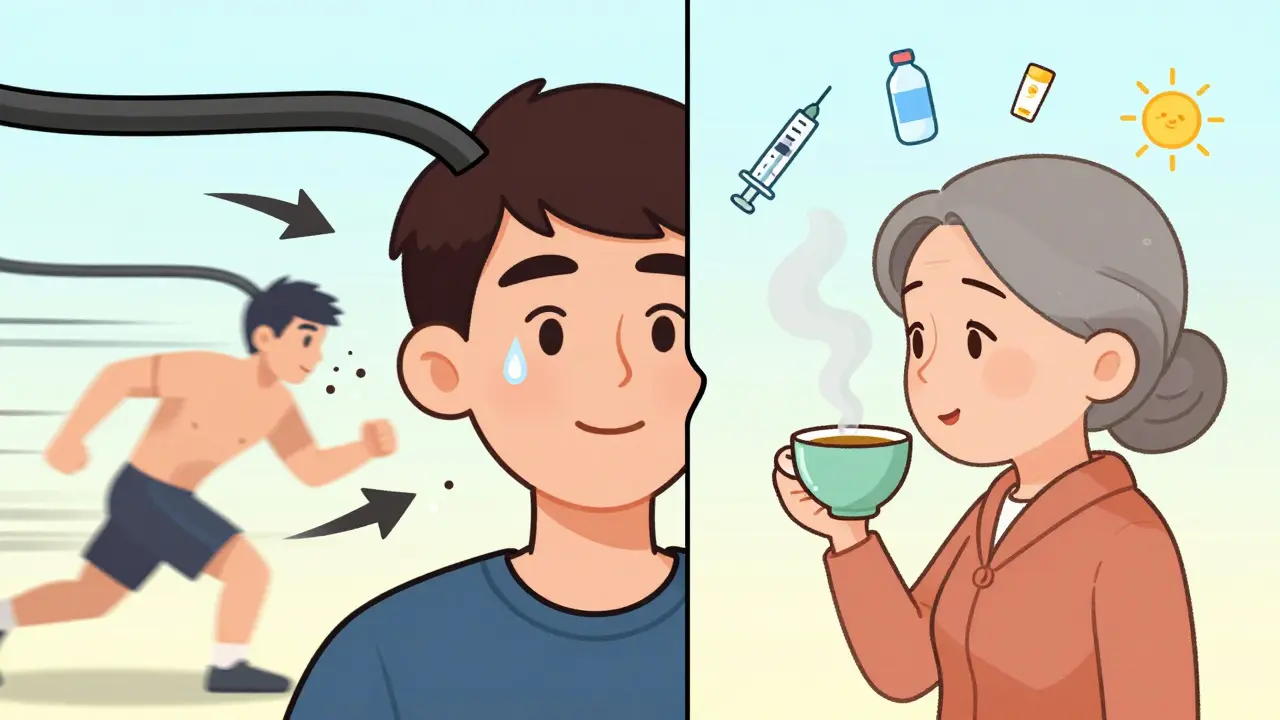 Два лица: молодой активный человек и пожилая женщина, показывающие разную скорость распада филлера, в стиле резиновой анимации.