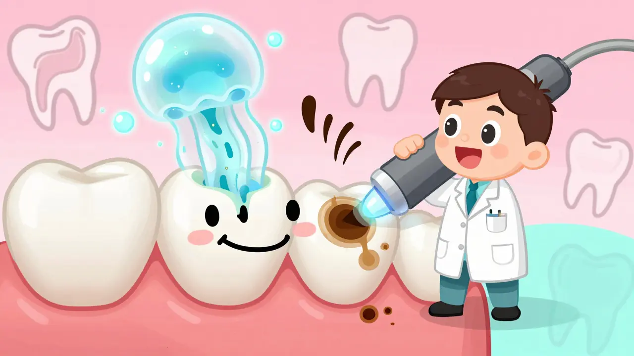 Эстетическая пломба превращается в улыбающееся лицо, рядом — фтористые пузырьки и избегающие пятна.