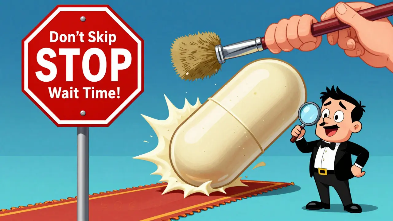 Крем-капсула превращается в матовую текстуру, но рука с кистью остановлена знаком 'Стоп', рядом — профессор.