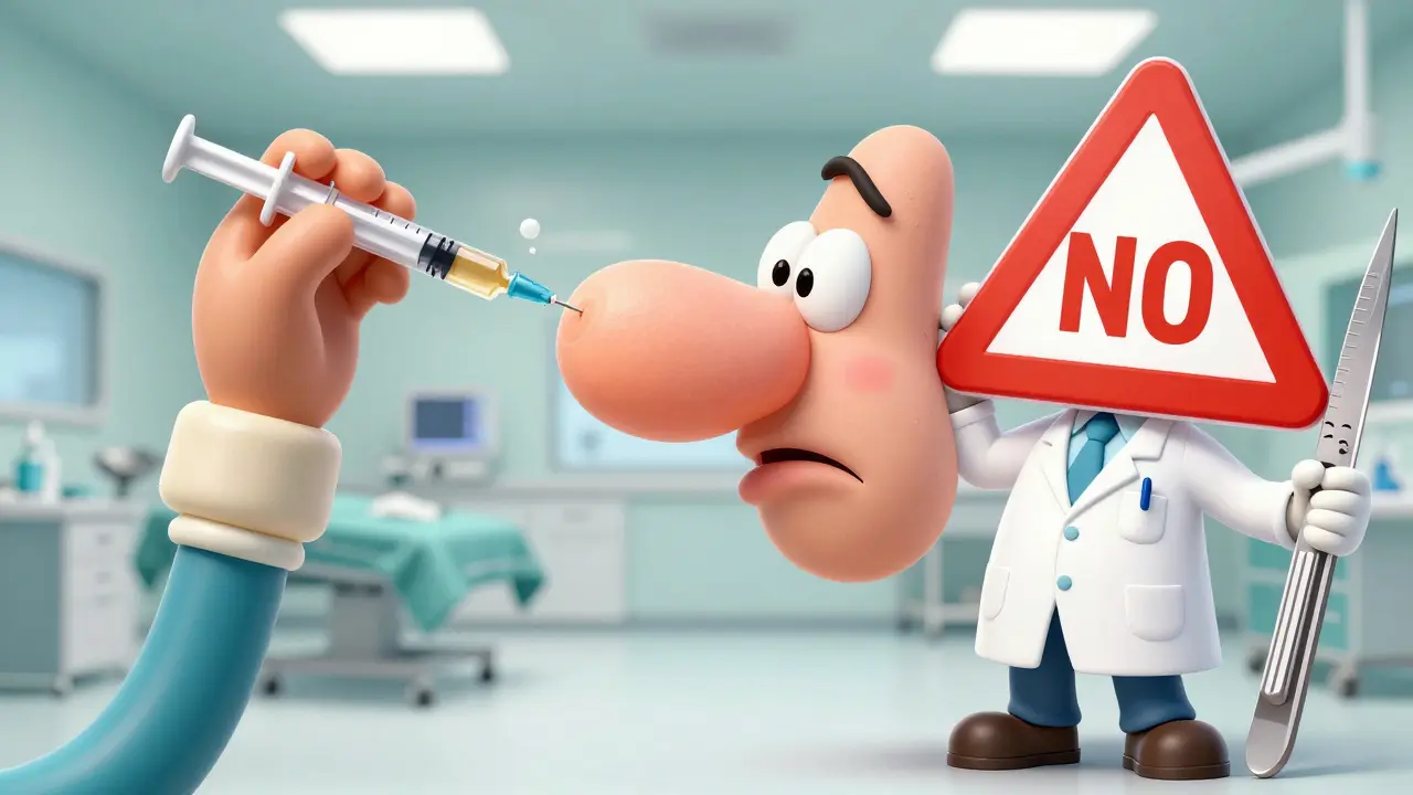 Маленькая игла пытается исправить огромный носовой горб — безрезультатно.