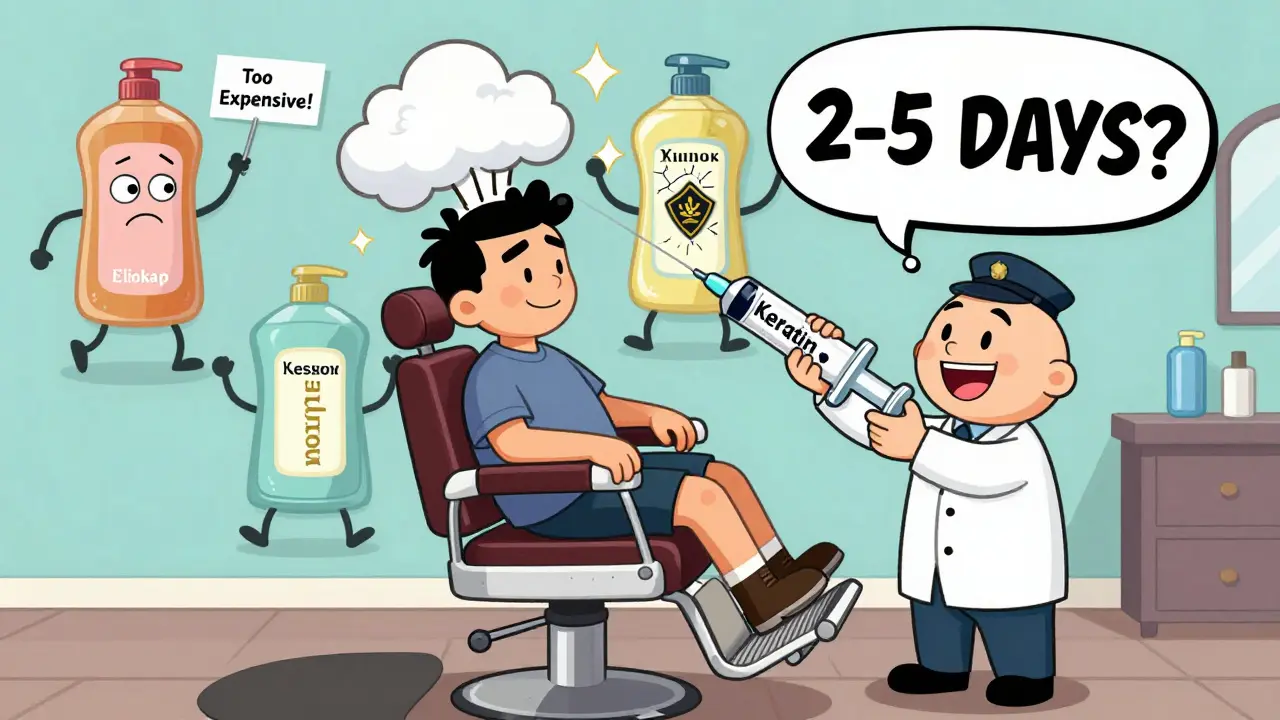 Пациент в кресле с волосами, как облако, а врач держит большую пробирку с кератином, вокруг танцуют бутылки с ценами.