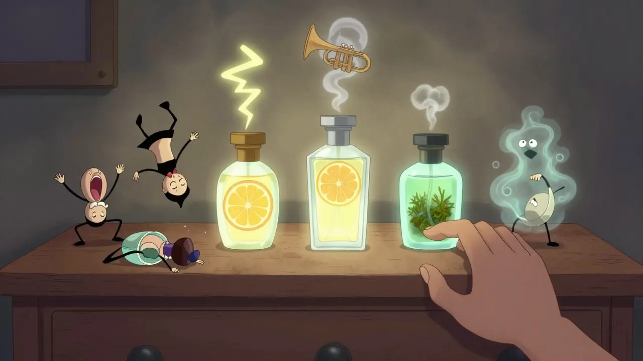 Пять умных флаконов духов стоят гордо среди танцующих, уставших бутылок на полке.