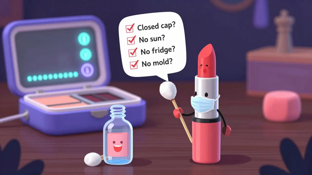 Помада с маской чистит себя спиртом, рядом — умная косметичка с индикаторами температуры.