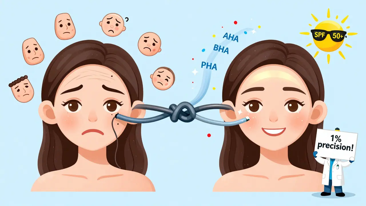 Прежде и после: проблемы на лице распутываются в сияющую ленту кислот под защитой солнцезащитного крема.