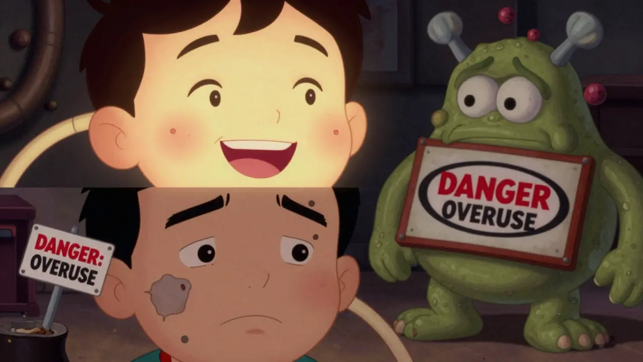 Разделённое лицо: одна сторона — здоровая кожа, другая — перегруженная маской с предупреждением.