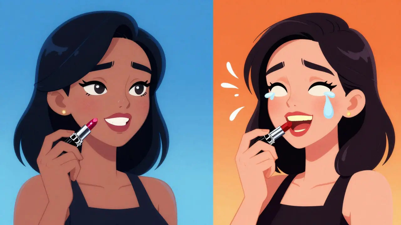 Сравнение: холодная кожа с рубиновой помадой и белыми зубами vs теплая кожа с той же помадой и желтыми зубами.