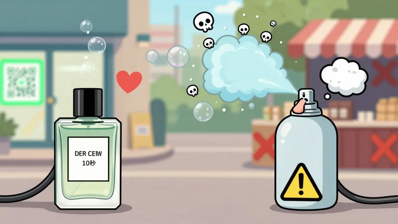 Сравнение пузырьков: медленные — у оригинала, мгновенные — у подделки, с носом и предупреждающими знаками.