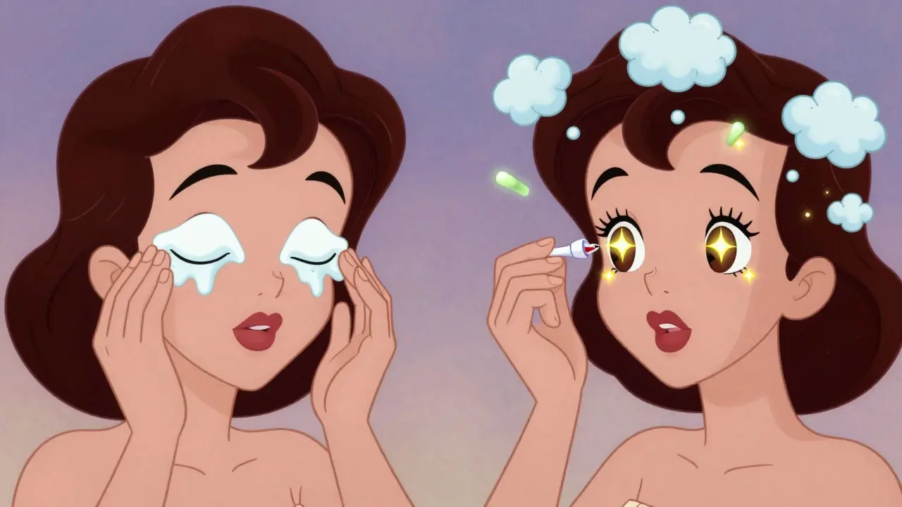 Сравнение: тяжёлый крем вокруг глаз вызывает отёки, а лёгкий — делает глаза сияющими.