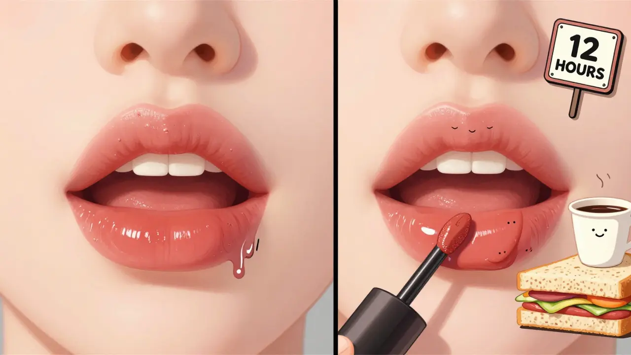 Сравнение: традиционная помада стирается, а тинт остаётся стойким на губах.