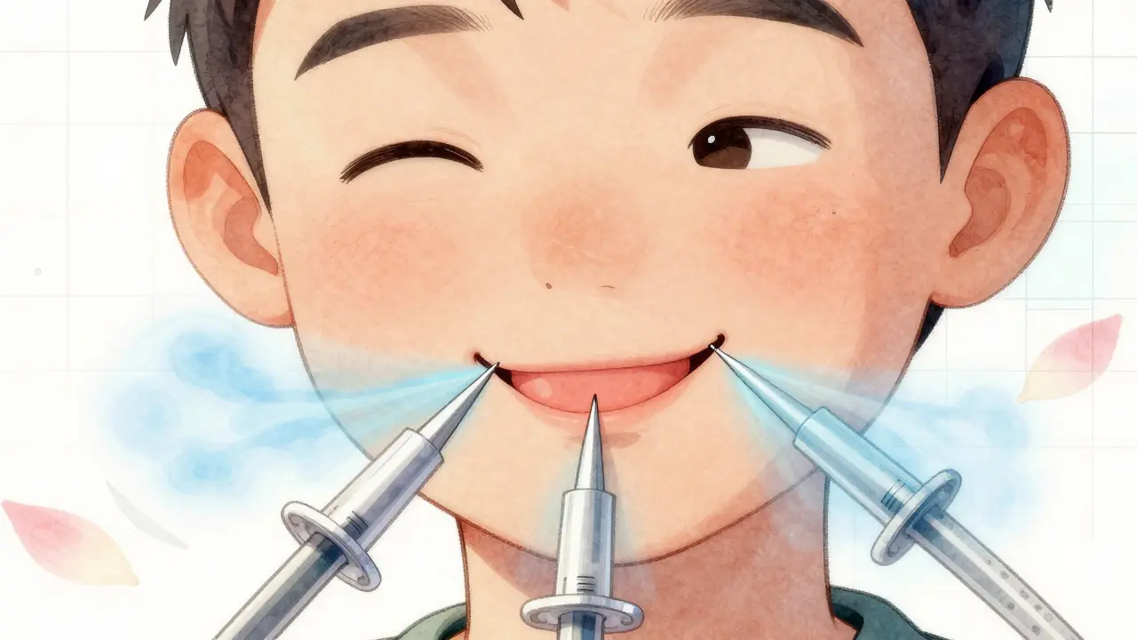 Три точечных укола в губы, расслабляющие мышцы, без увеличения объёма, в стиле резиновой анимации.