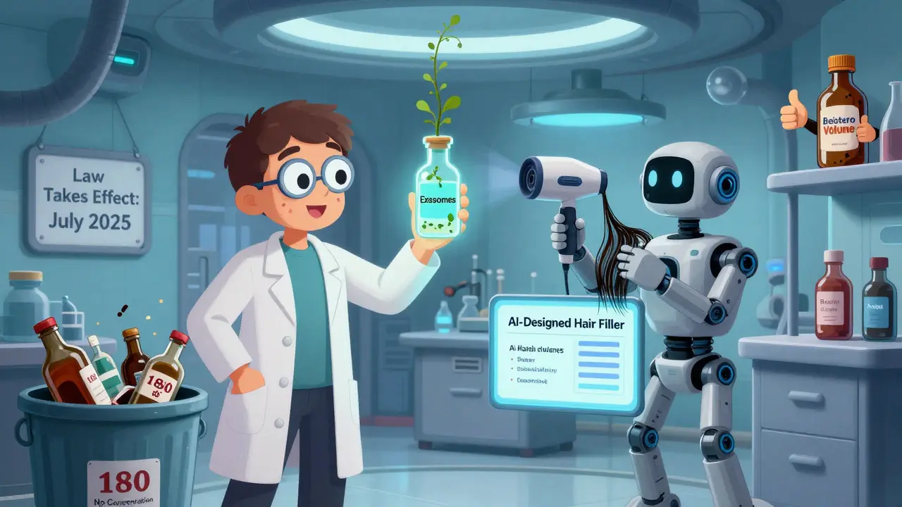 Ученый в лаборатории 2026 года держит светящийся филлер, рядом робот анализирует волосы, а в мусорке — дешевые бутылки.