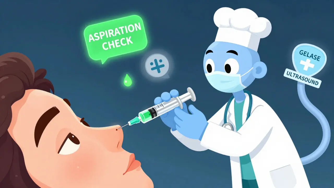 Врач использует гибкую канюлю для инъекции, рядом светится индикатор аспирации и символы безопасности.