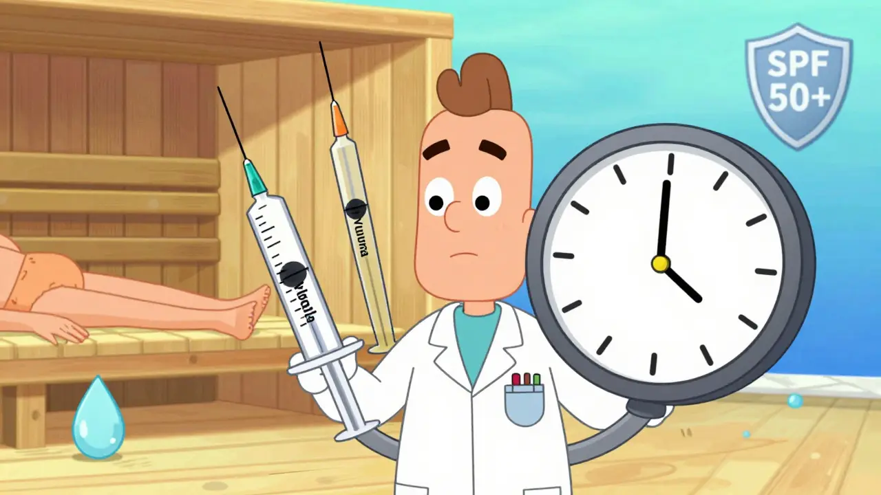 Врач с двумя разными шприцами для губ и скул, рядом — сауна, солнце и капля воды с SPF, в стиле резиновой анимации.