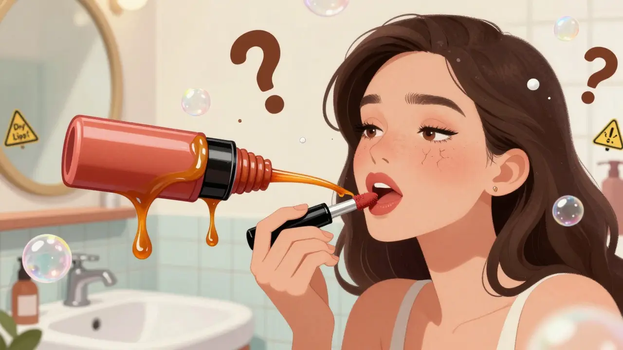 Женщина наносит помаду: одна струя — глянцевая, как карамель, другая — матовая, как мука, в мультяшной ванной.