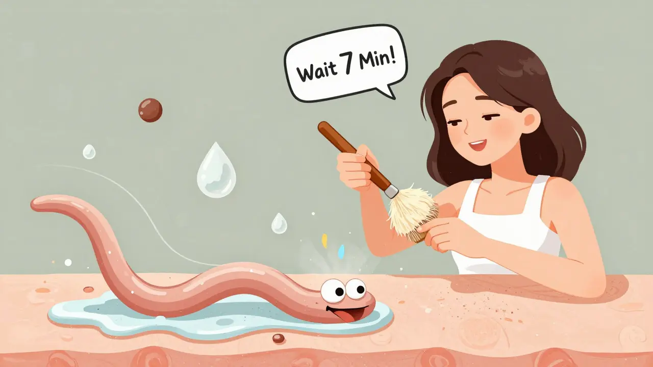 Женщина наносит пудру похлопывающими движениями, а жирная пленка пытается убежать, как угорь.