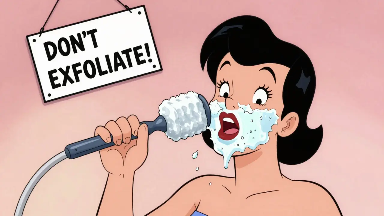 Женщина скрабирует лицо гигантским кристаллом сахара, кожа растягивается и слезает полосками.