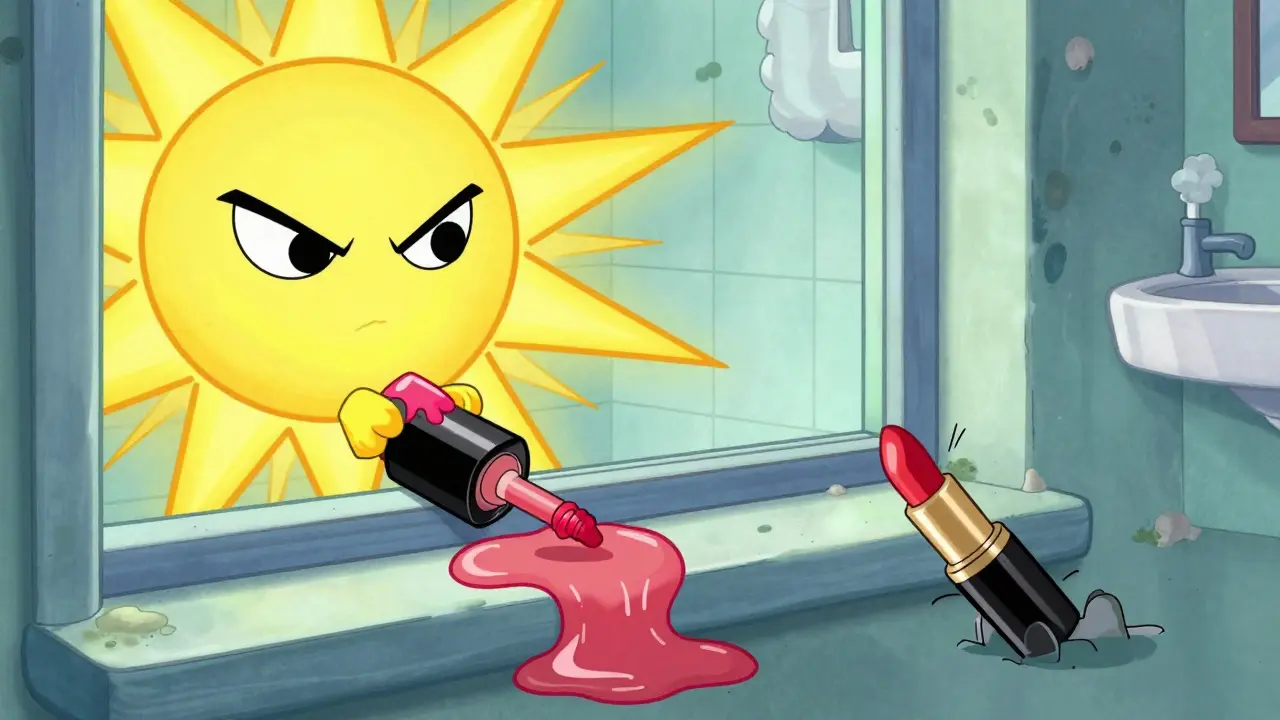 Злой солнечный луч превращает блеск для губ в липкую лужу на подоконнике.