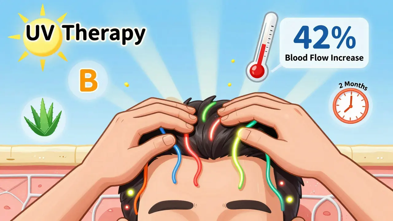 Человек массирует голову, по коже бегут светящиеся кровеносные сосуды, на фоне солнечных лучей.