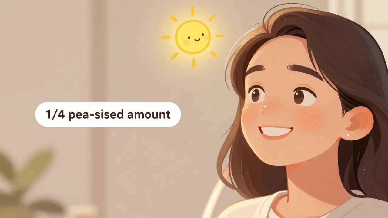 Человек с естественным сиянием на скулах и переносице, рядом — подсказка '1/4 горошины' и мягкий солнечный луч.