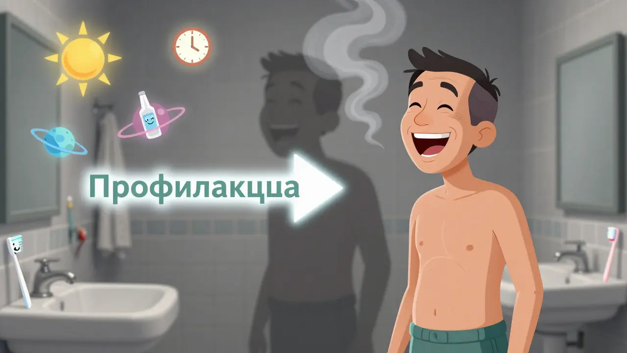 Человек с гладкой кожей смеется, а его старшая версия с морщинами исчезает в дыму.