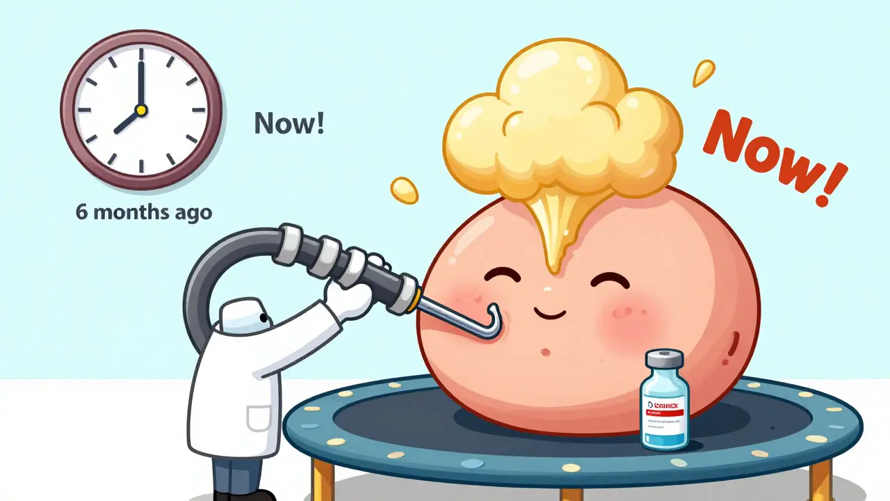 Дерматолог поднимает вмятину на щеке с помощью длинной иглы, из которой поднимается золотой коллаген.