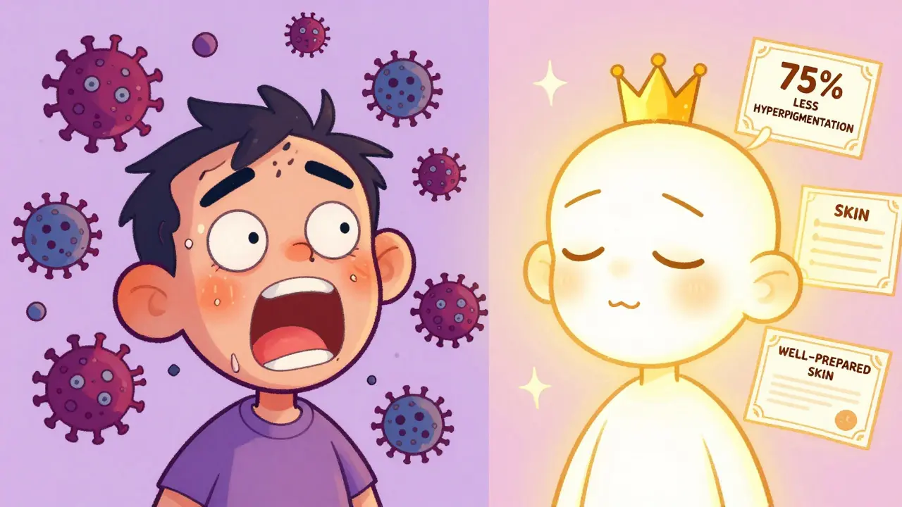 До и после лазерной процедуры: слева — хаос и вирусы, справа — сияющее лицо с короной и сертификатами.