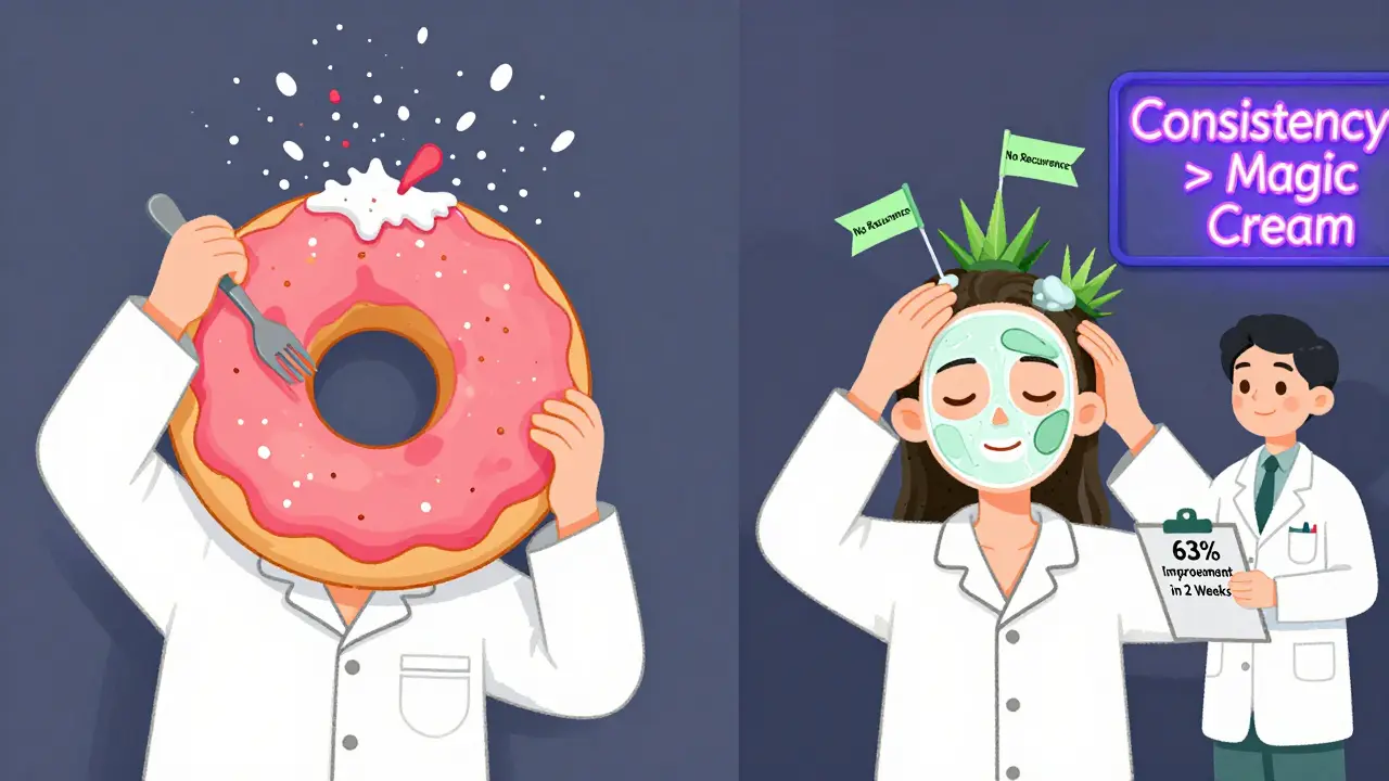 Два сценария: один — с плохим уходом и перхотью, другой — с правильным уходом и спокойной кожей.