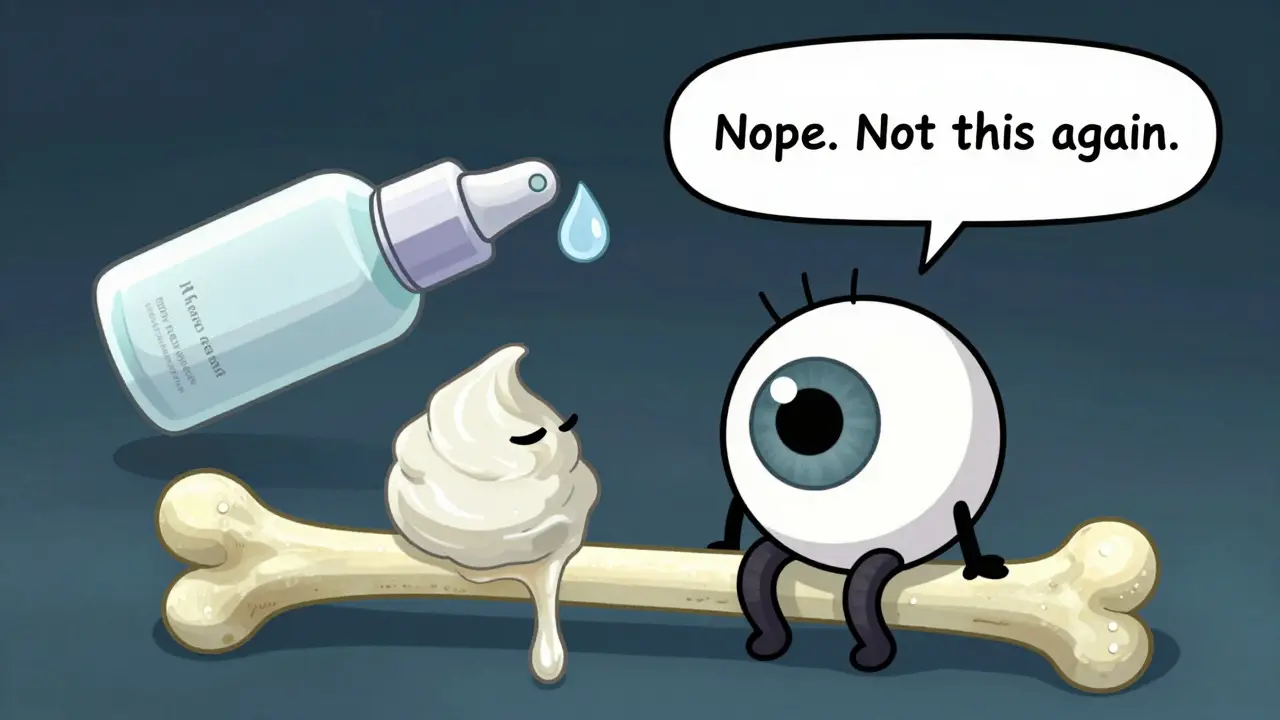 Глаз в панике перед тяжелым кремом для лица, рядом — легкий крем для глаз.