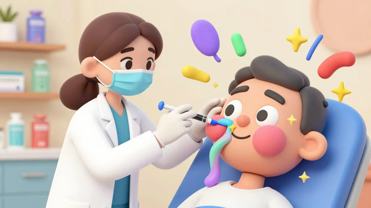 Косметолог вводит цветные, упругие потоки филлера в лицо, создающие плавные, округлые формы без игл и швов.