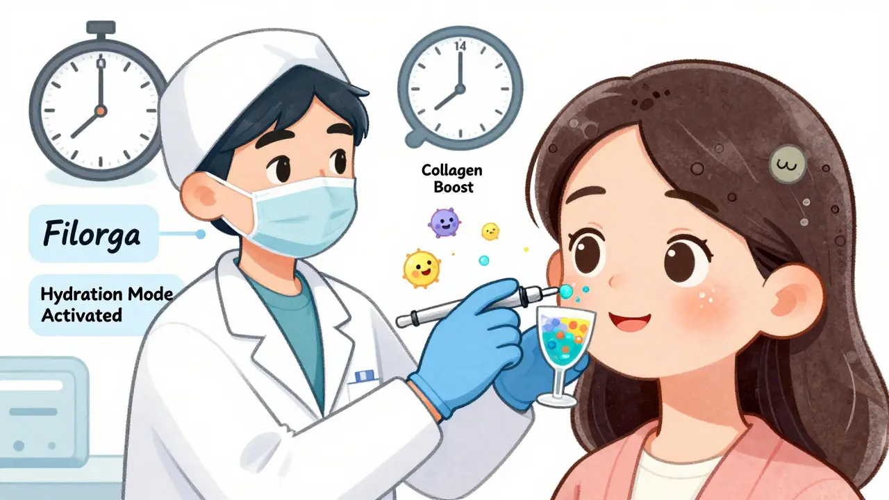 Косметолог вводит коктейль в лицо, а клетки под кожей оживают в веселой анимации.