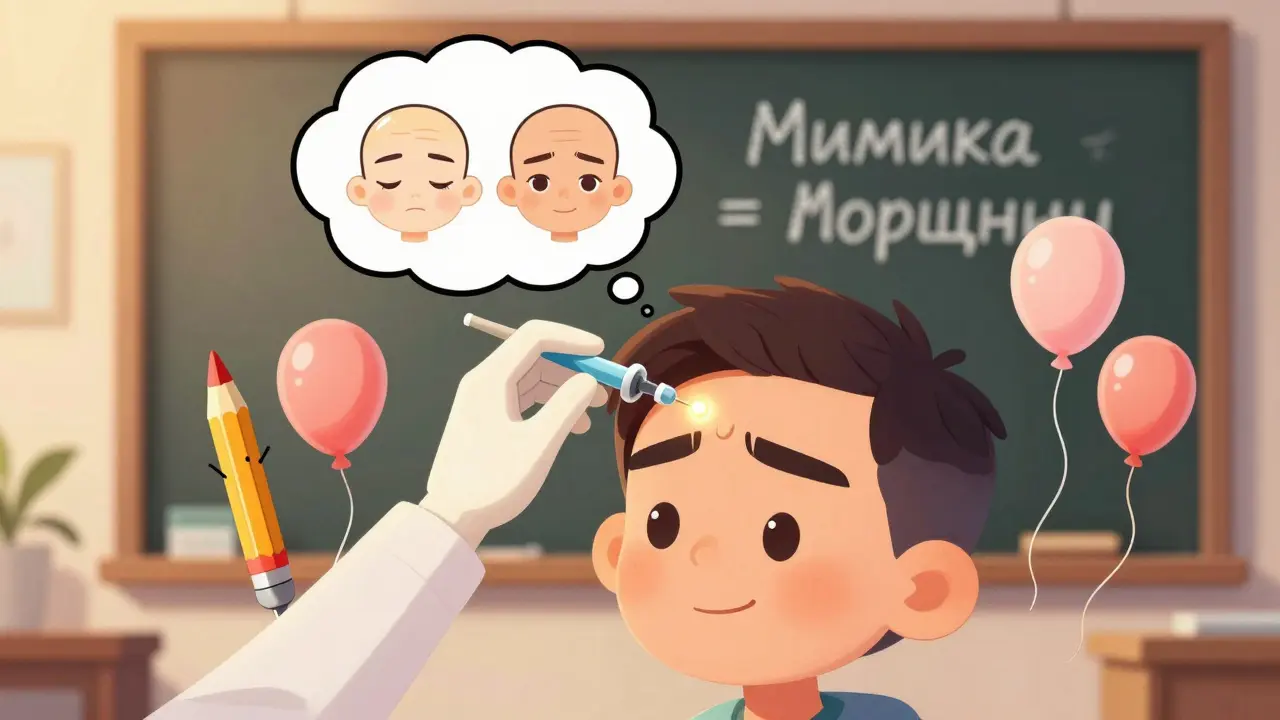 Косметолог вводит минимальную дозу ботокса между бровями, мышцы расслабляются как надутые шарики.