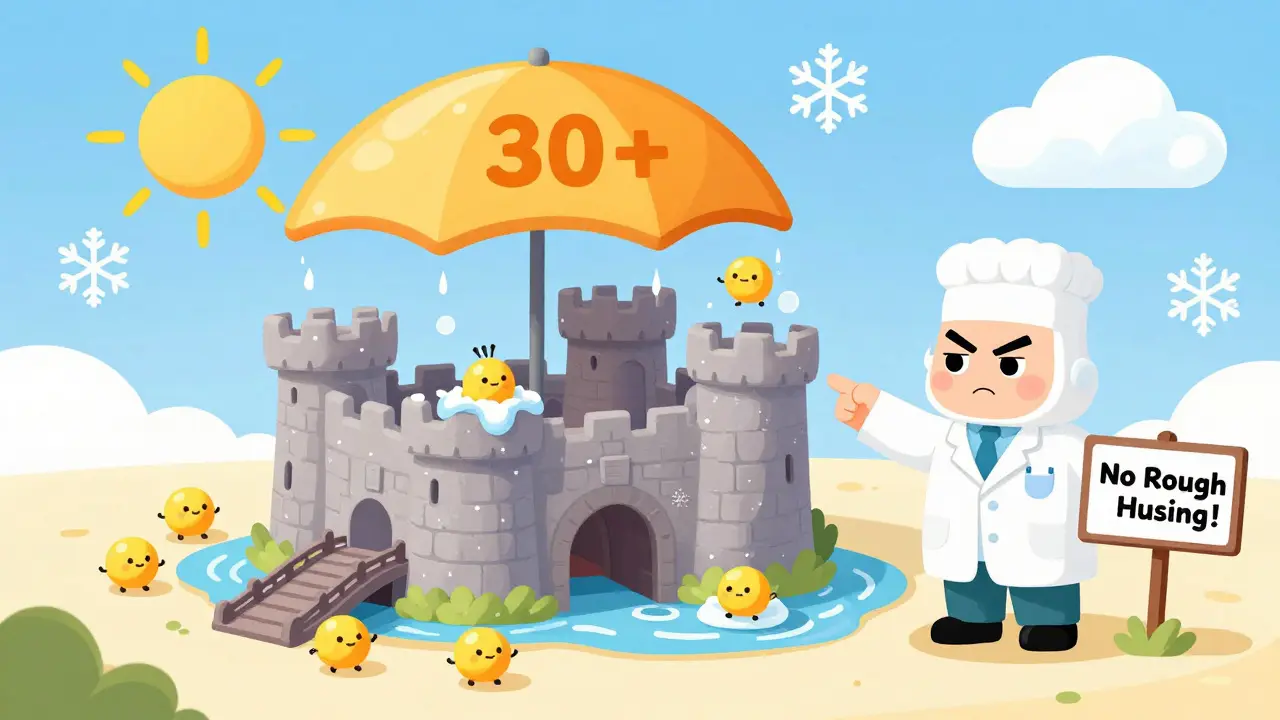 Кожа как замок, который чистят мягкие частицы скраба, а над ним опускается щит SPF 30+, зима и лето сменяются на фоне.