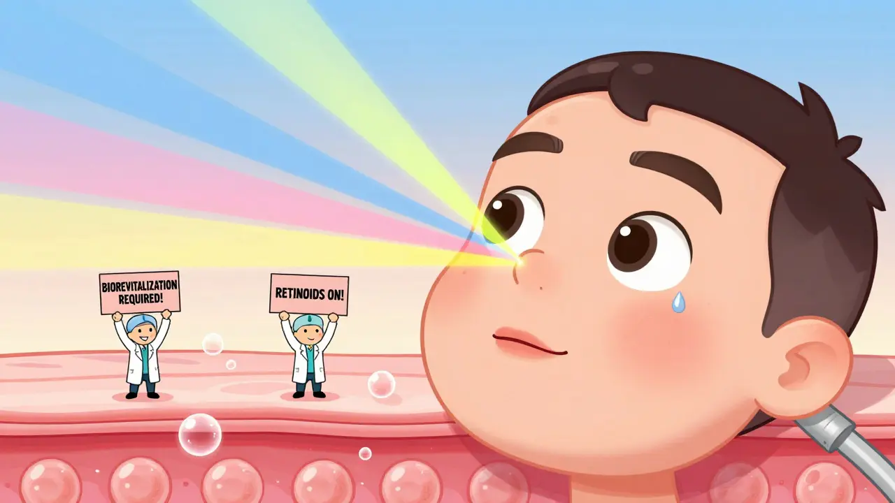 Лицо под лазером, где гиалуроновая кислота прыгает, как желе, а врачи держат таблички с важными указаниями.