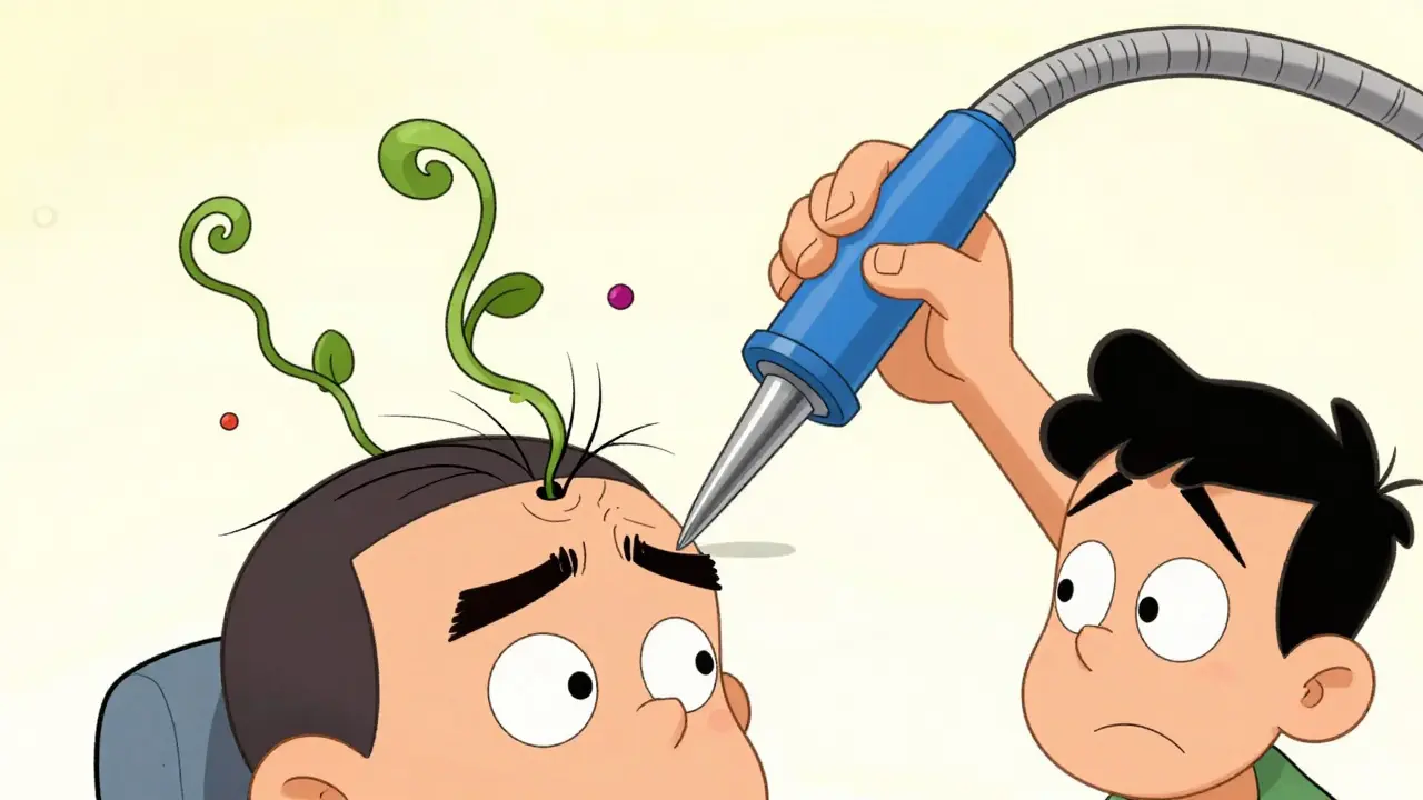 Мастер наносит тончайшие волосковые линии на бровь с помощью забавно большой иглы.