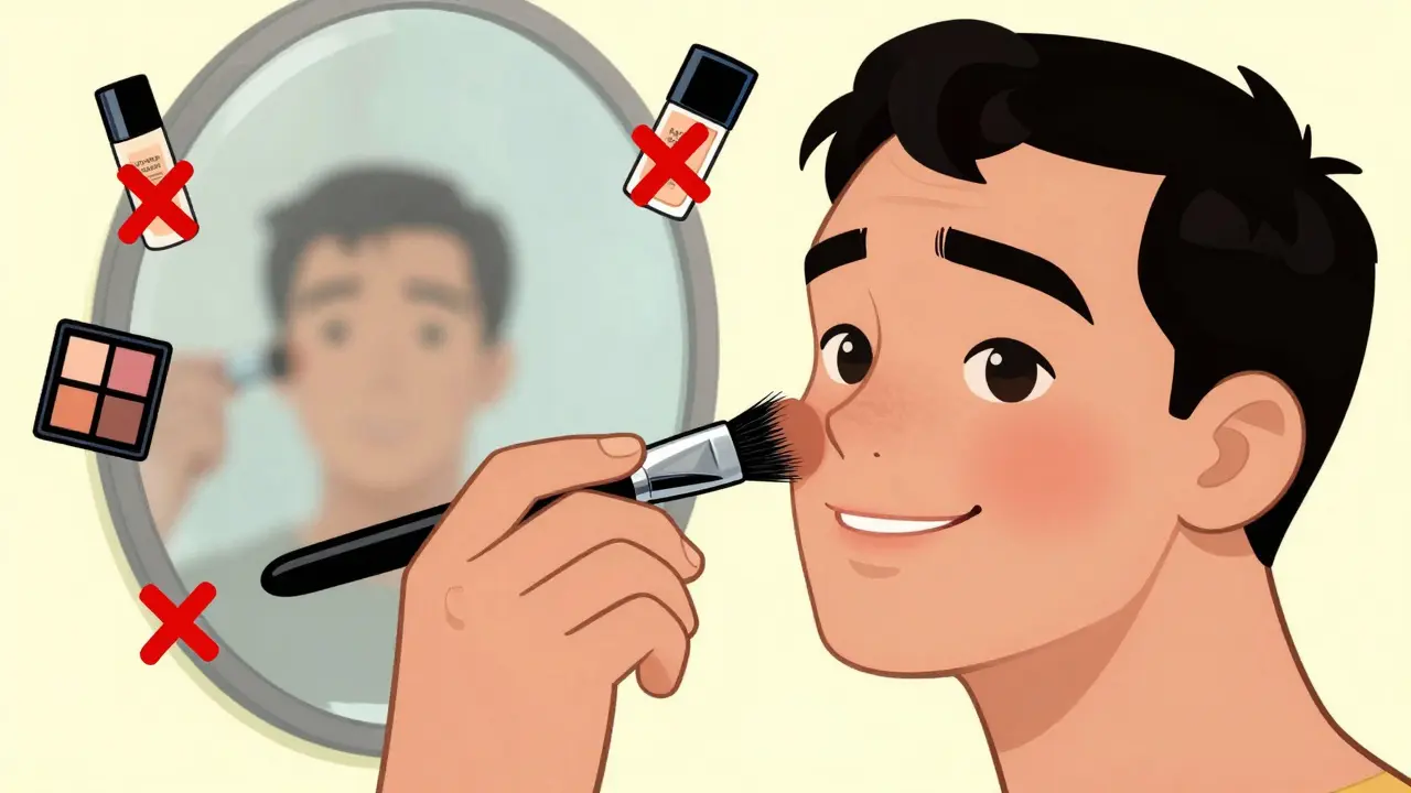 Одна кисть выполняет несколько задач — румяна, пудра и контур — в ярком мультяшном стиле.