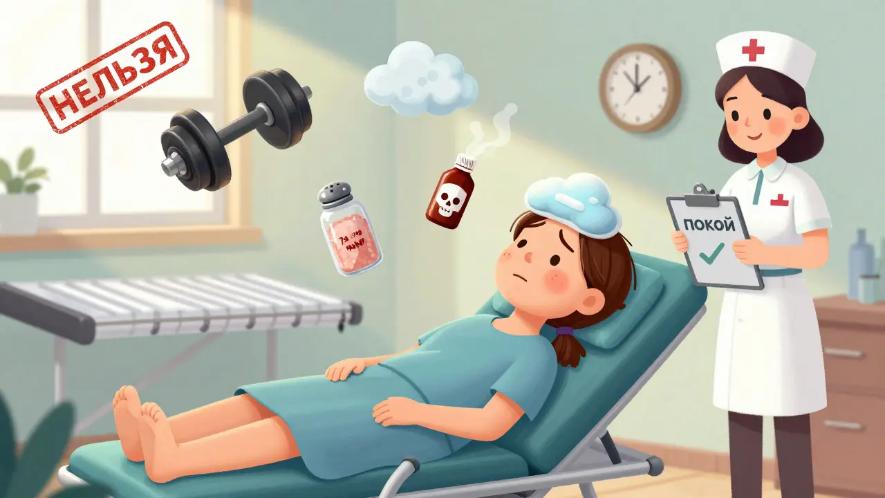 Пациентка с холодным компрессом на лице, вокруг неё летают запрещённые действия после укола.