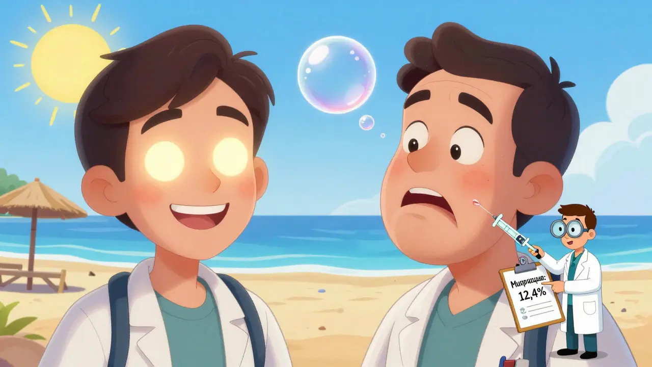 Разделённая сцена: один человек улыбается на пляже, другой — с асимметричным лицом и плавающим филлером.