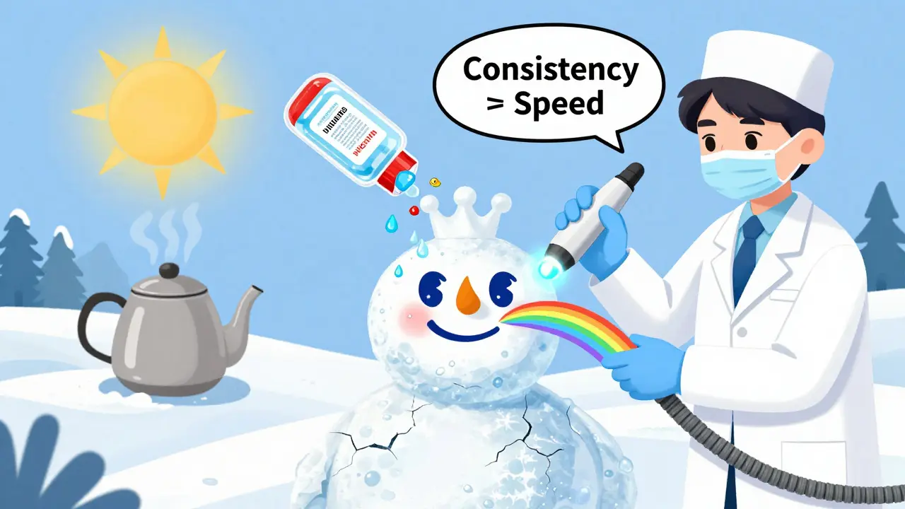 Снеговик с треснувшей кожей получает ультразвуковое увлажнение от косметолога, вокруг — символы зимы и лета.