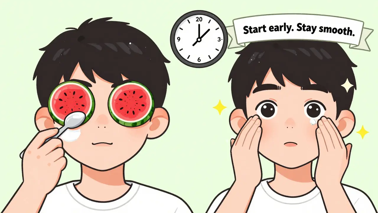 Сравнение: отекшие глаза от неправильного ухода и здоровые глаза с правильным кремом.