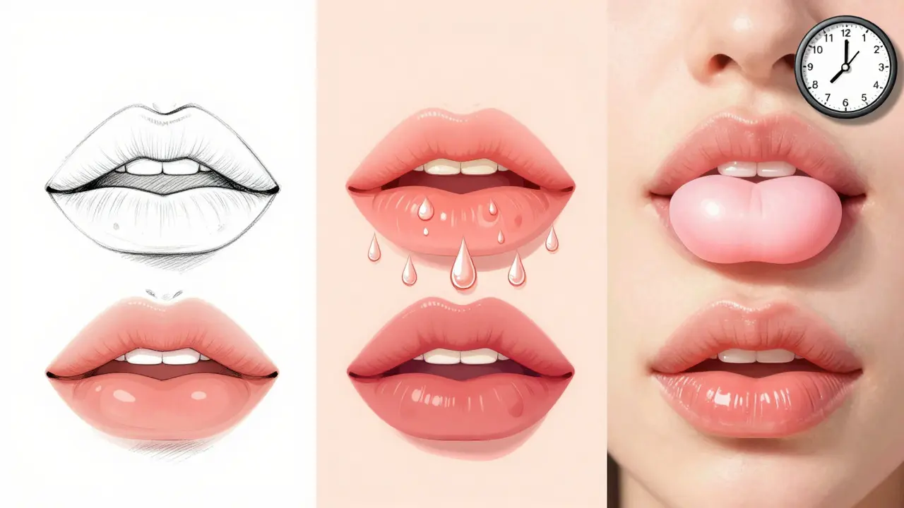 Три техники контурной пластики губ: контур, микрокапли и подушечка — визуально сравнены до и после, с часами, показывающими срок действия.