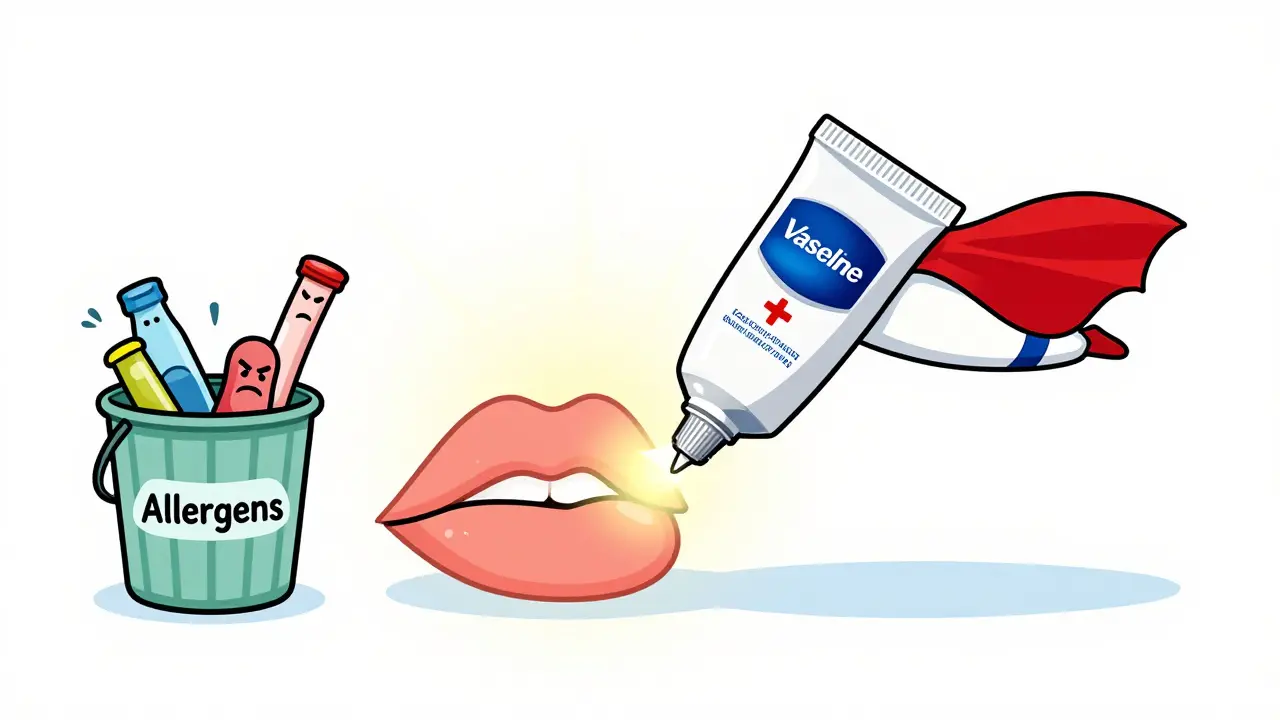 Тюбик Вазелина с плащом-капюшоном успокаивает губы, а все аллергены убегают в мусорку.