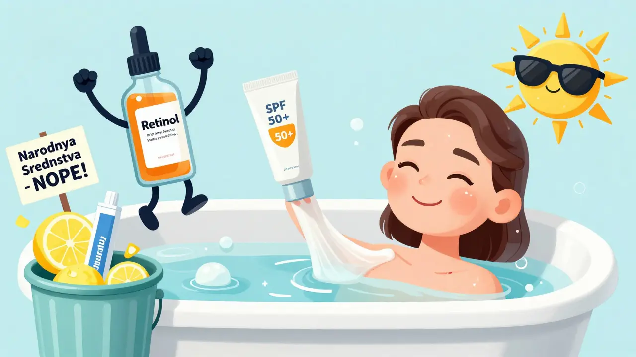 Уход за кожей: ретинол, силиконовый гель и SPF-щит, рядом — мусор с лимонами и зубной пастой.