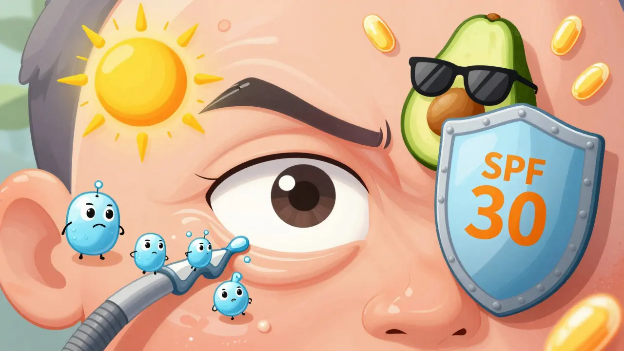 Увеличенный участок кожи вокруг глаз, где молекулы восстанавливают коллаген, а SPF-щит защищает от солнца с авокадо.